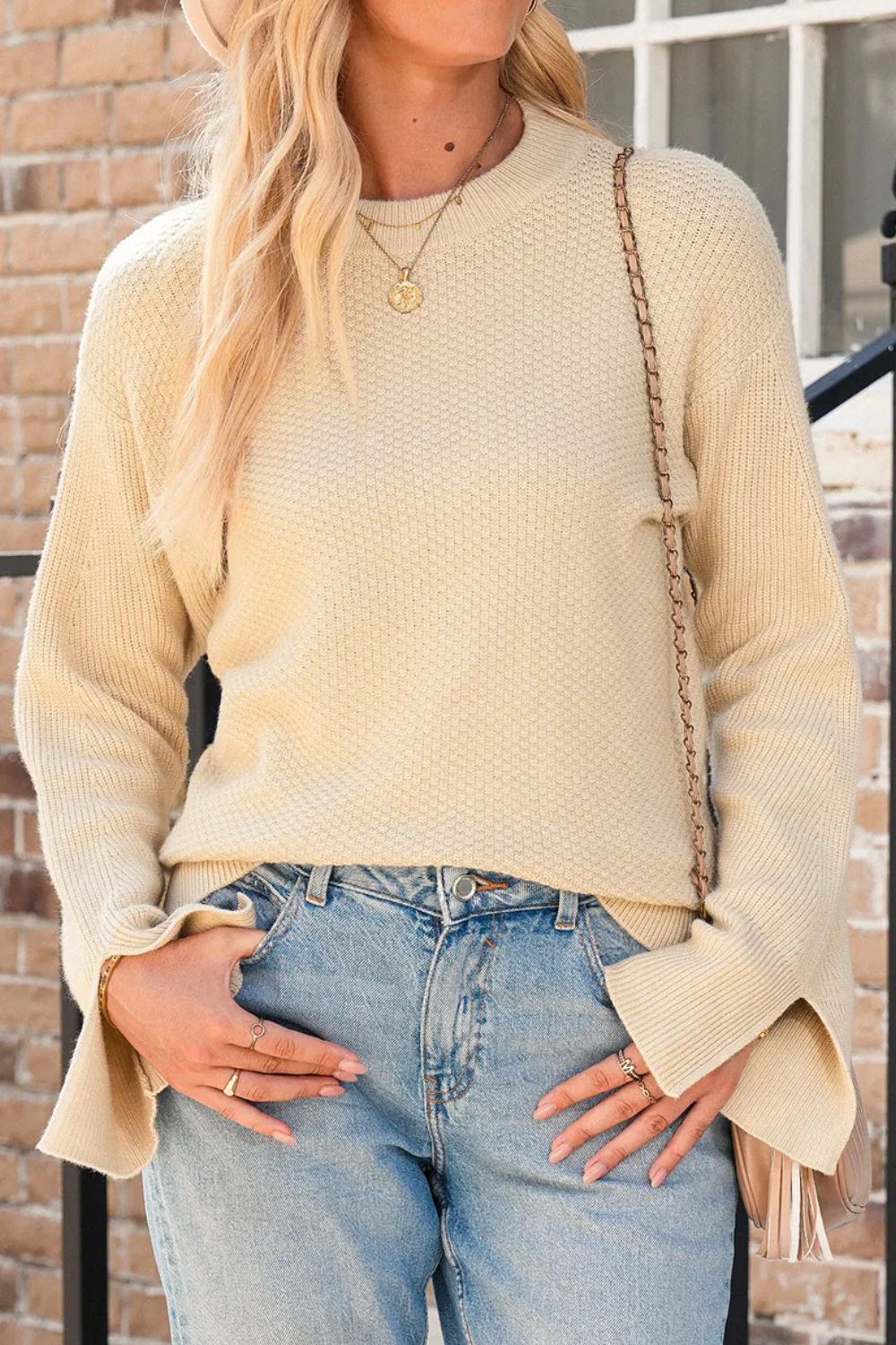 Textured Round Neck Long Sleeve Sweater - Celeste