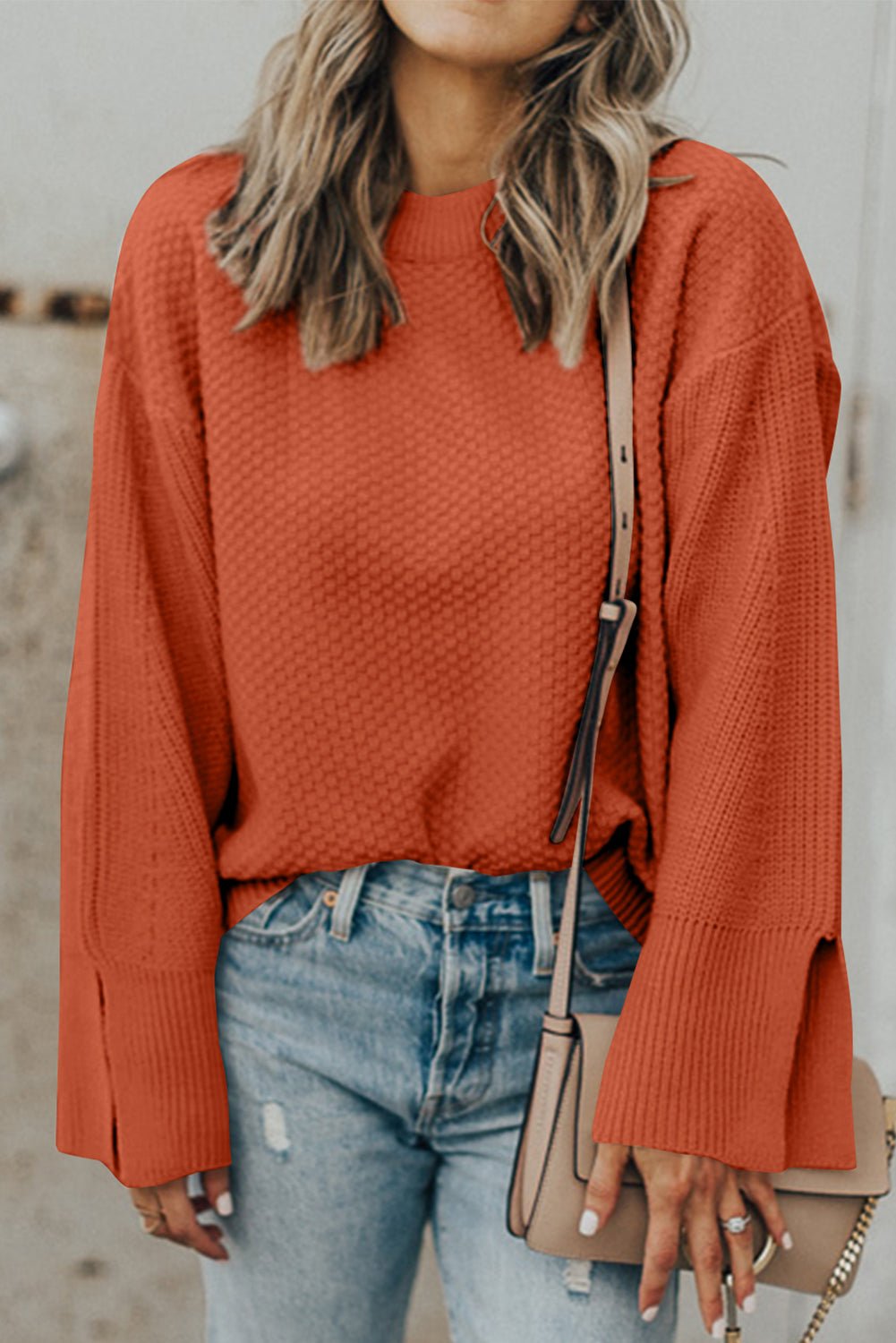 Textured Round Neck Long Sleeve Sweater - Celeste