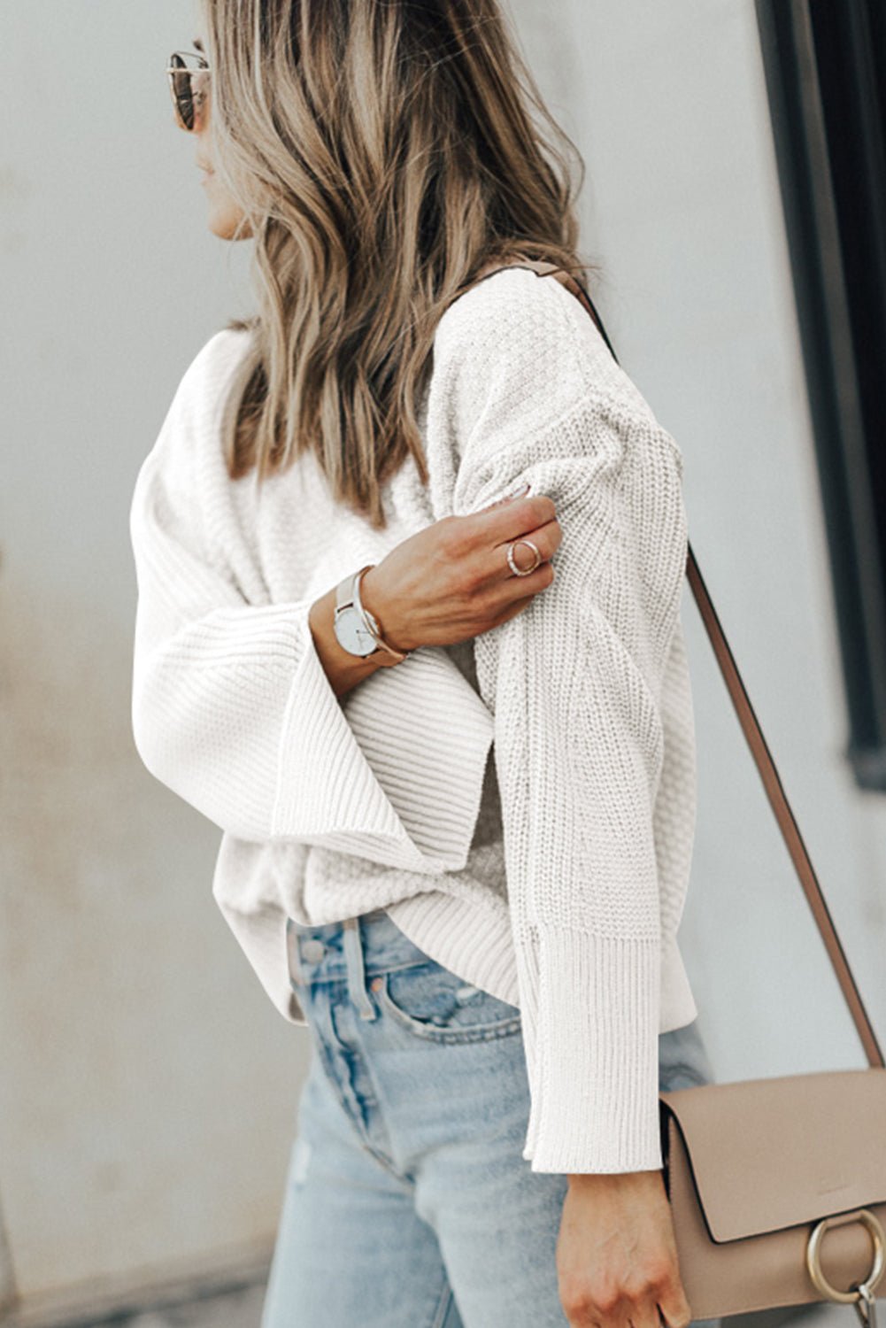 Textured Round Neck Long Sleeve Sweater - Celeste