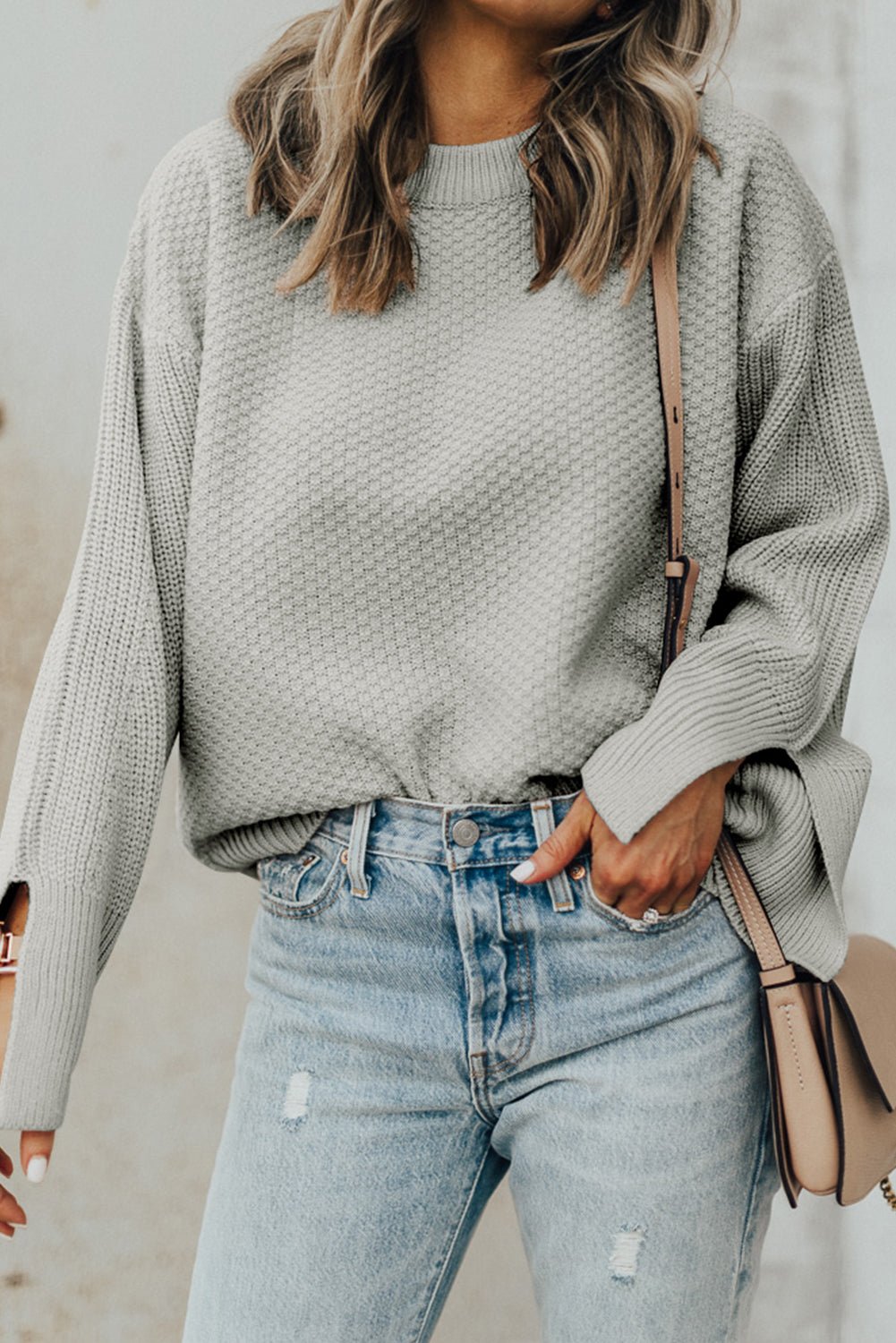 Textured Round Neck Long Sleeve Sweater - Celeste