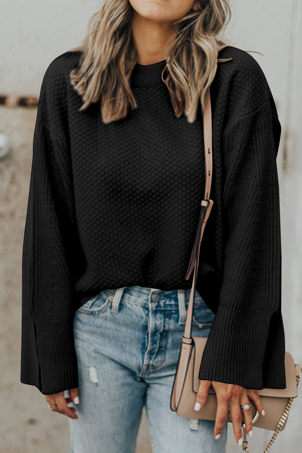 Textured Round Neck Long Sleeve Sweater - Celeste