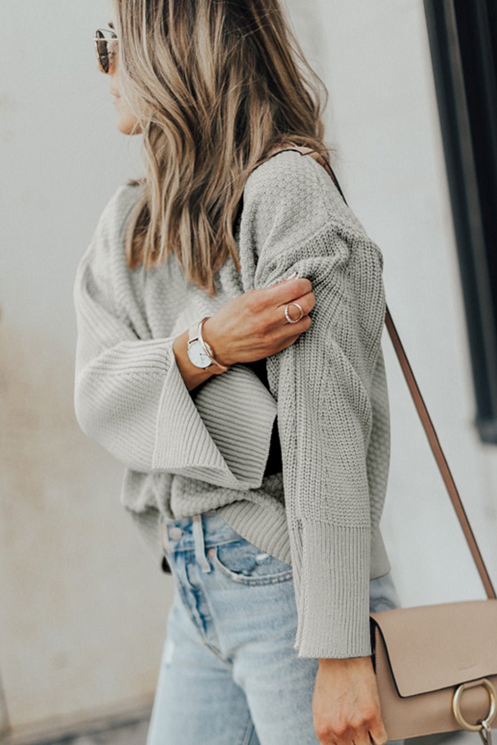 Textured Round Neck Long Sleeve Sweater - Celeste