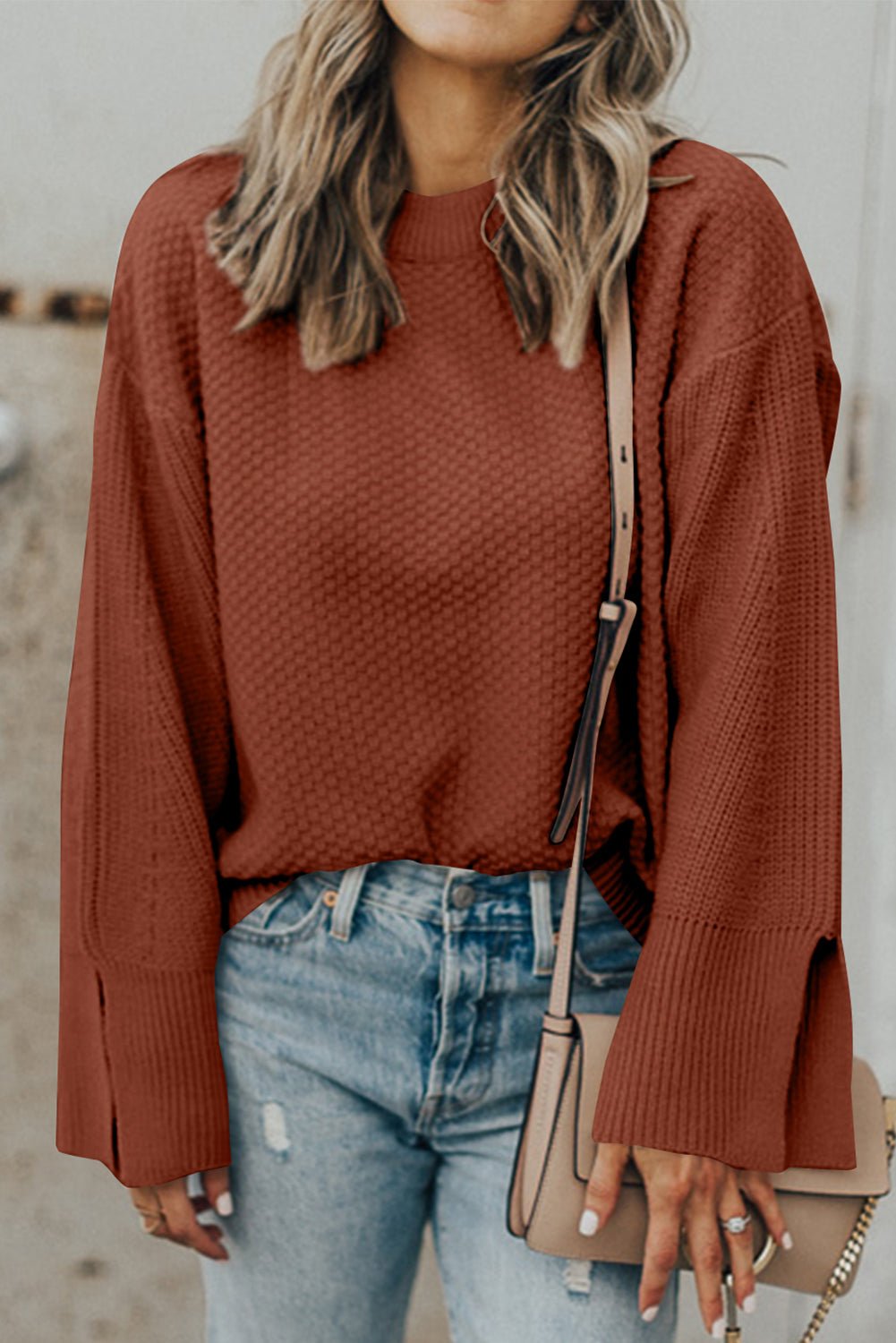 Textured Round Neck Long Sleeve Sweater - Celeste