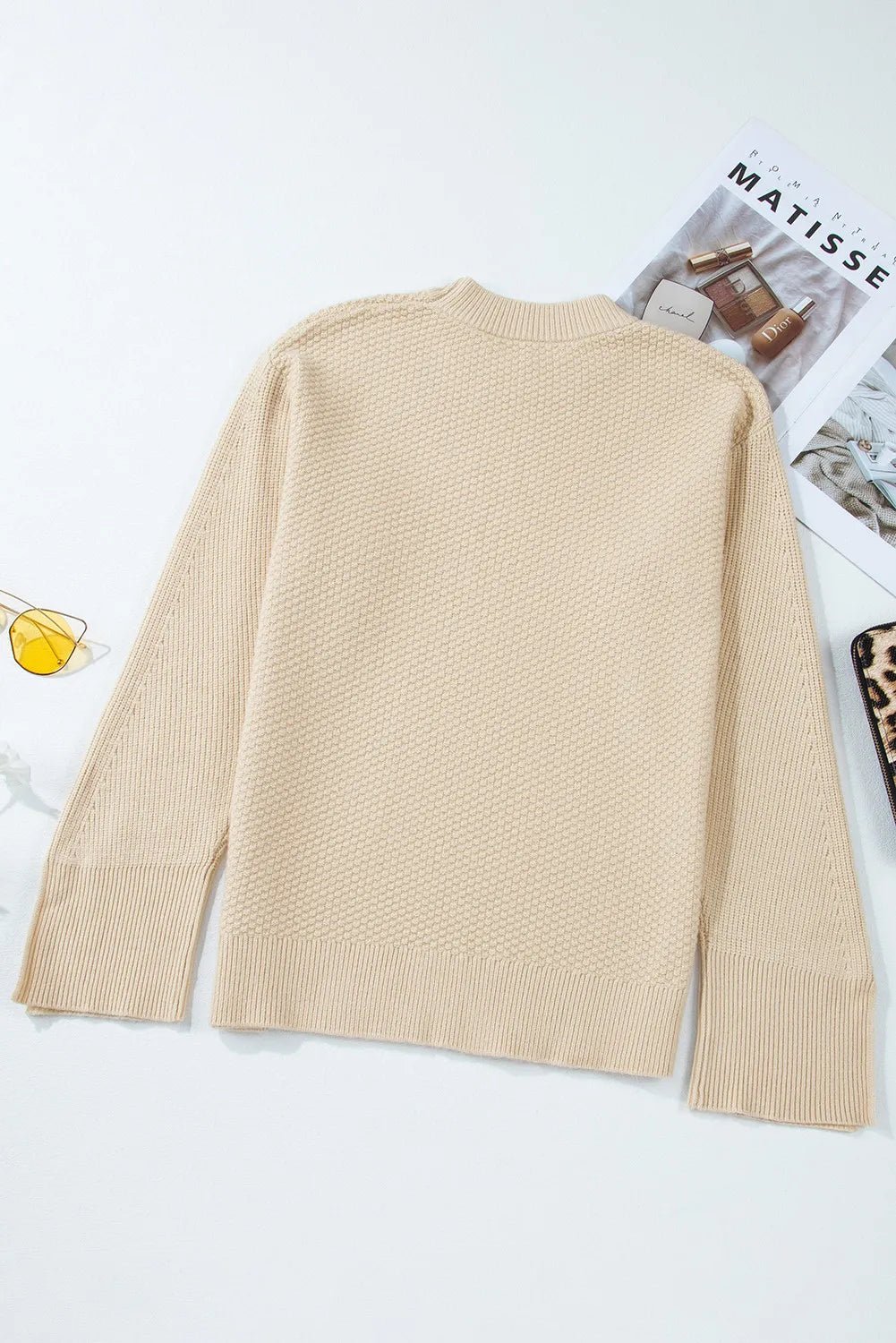 Textured Round Neck Long Sleeve Sweater - Celeste