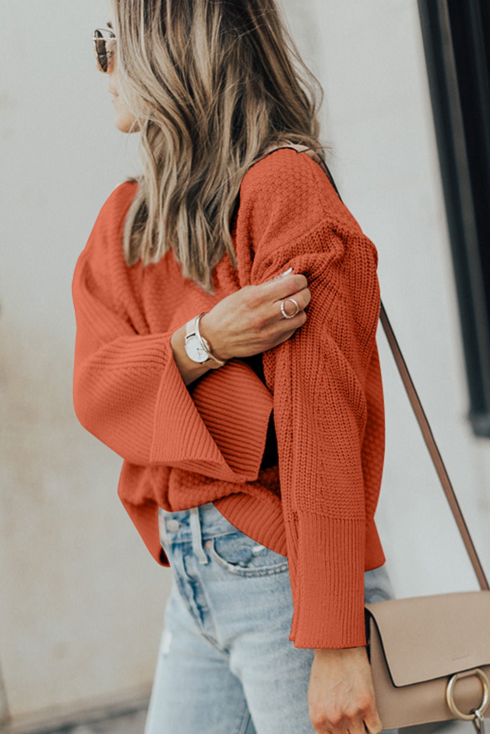 Textured Round Neck Long Sleeve Sweater - Celeste