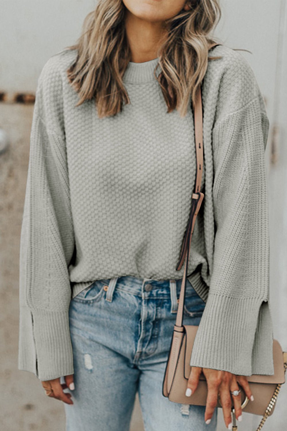 Textured Round Neck Long Sleeve Sweater - Celeste