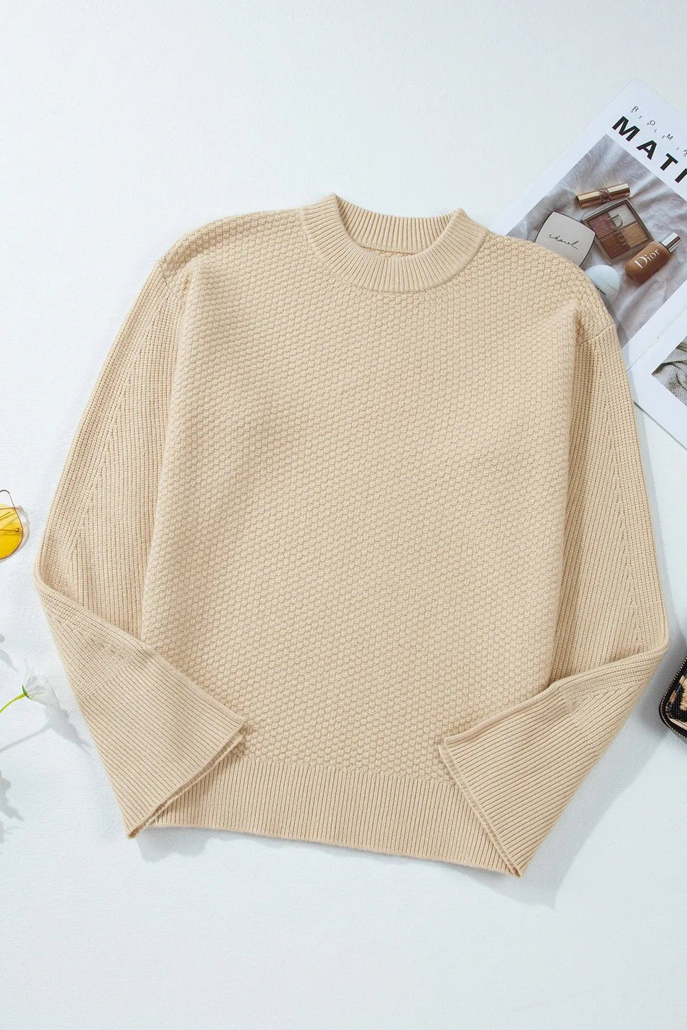 Textured Round Neck Long Sleeve Sweater - Celeste