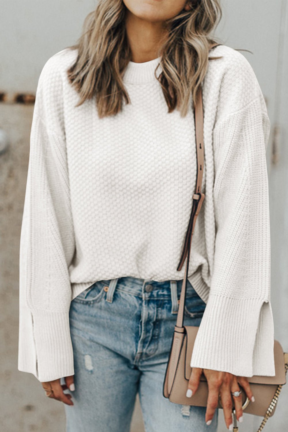 Textured Round Neck Long Sleeve Sweater - Celeste