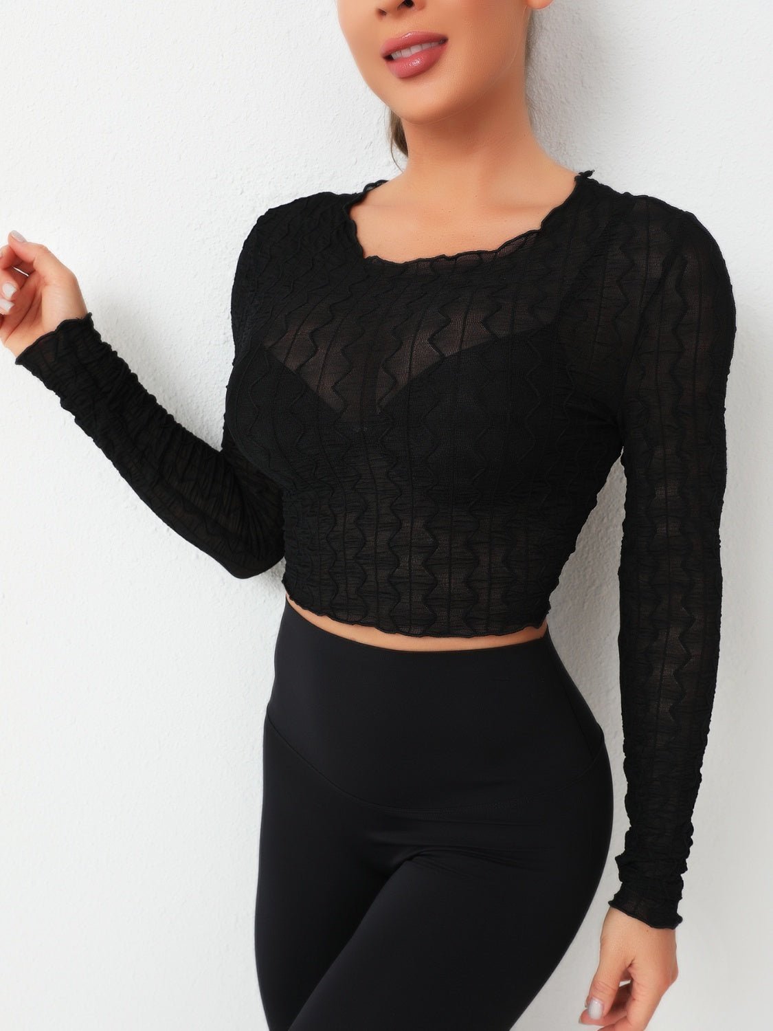 Textured Round Neck Long Sleeve Top - Celeste