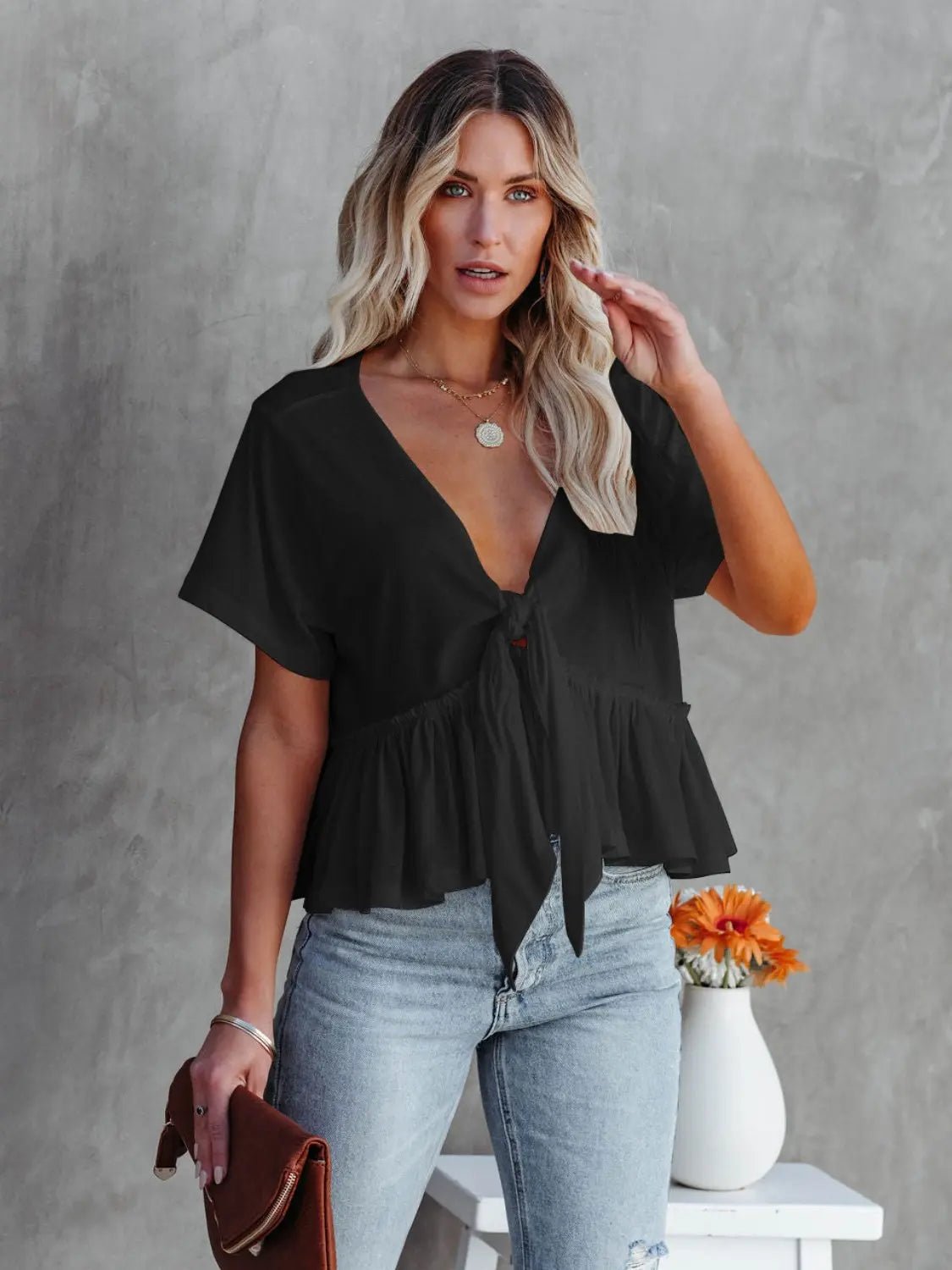 Tied Plunge Short Sleeve Blouse - Celeste