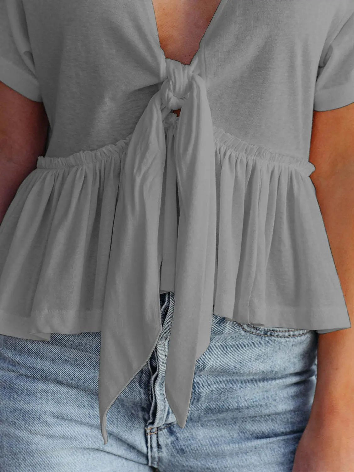 Tied Plunge Short Sleeve Blouse - Celeste