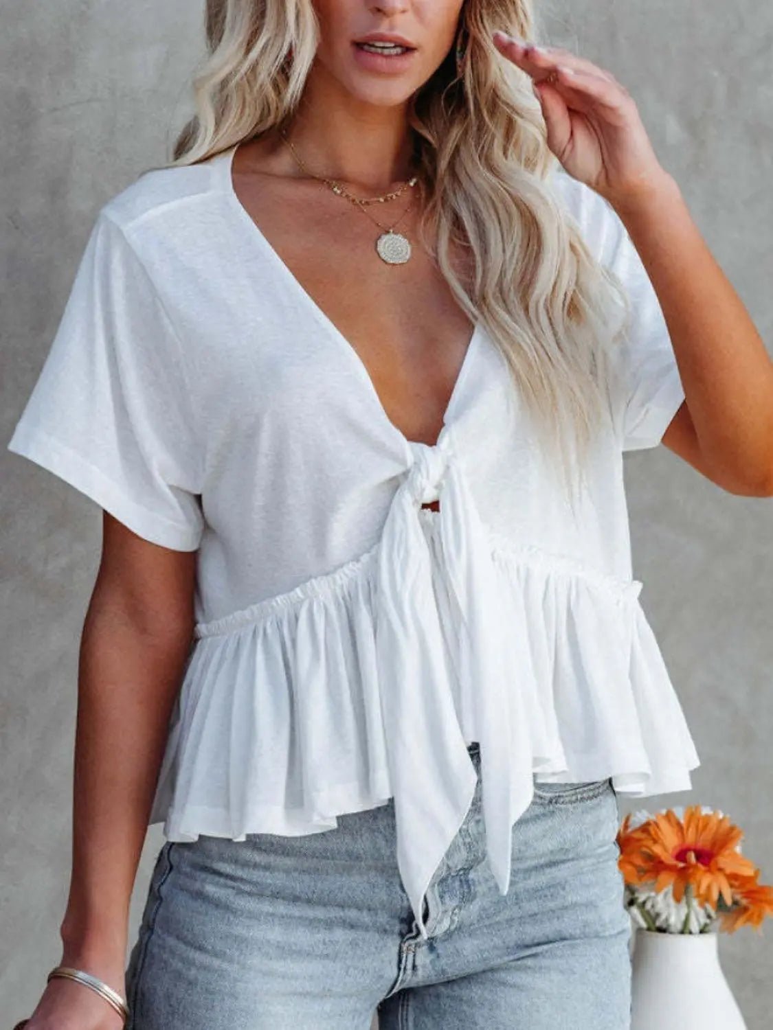 Tied Plunge Short Sleeve Blouse - Celeste