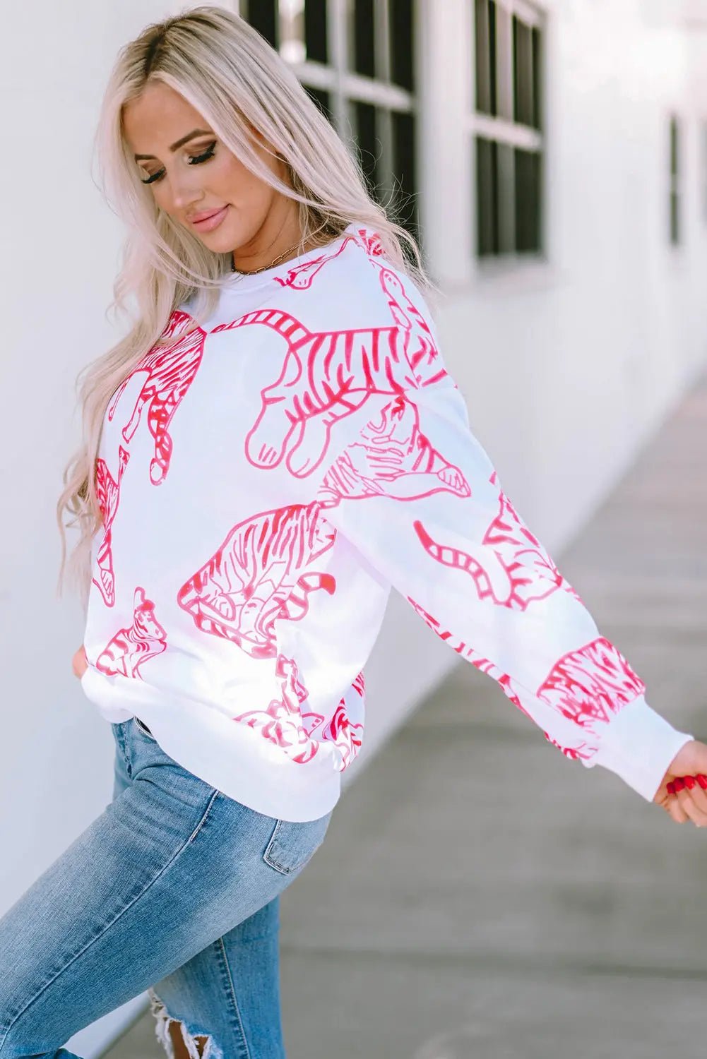 Tiger Round Neck Dropped Shoulder Sweatshirt - Celeste