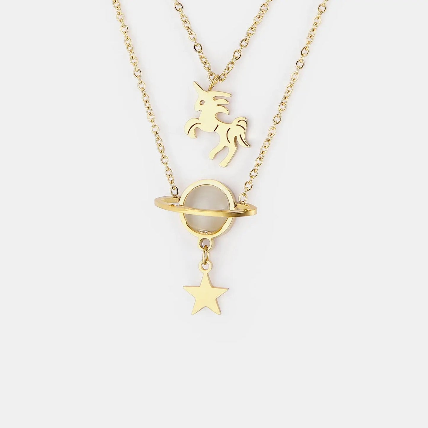 Unicorn and Star Shape Double - Layered Pendant Necklace - Celeste