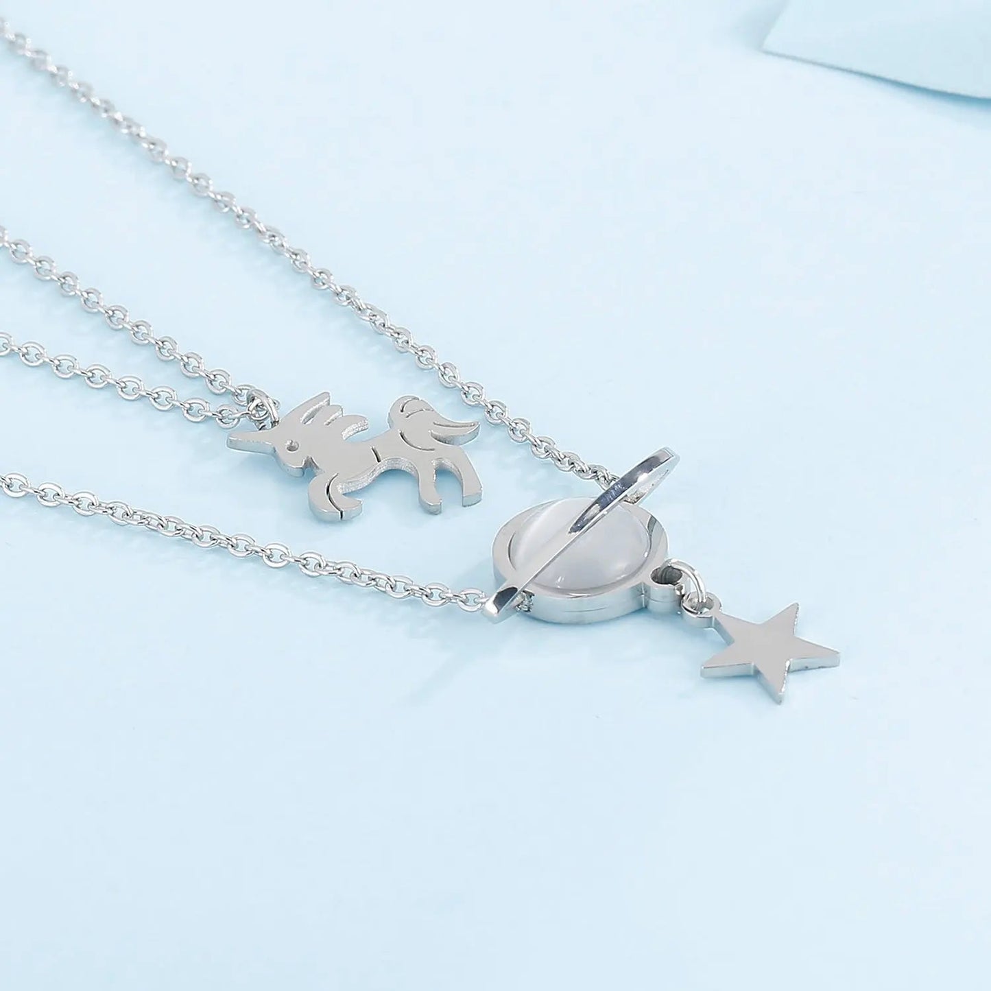 Unicorn and Star Shape Double - Layered Pendant Necklace - Celeste