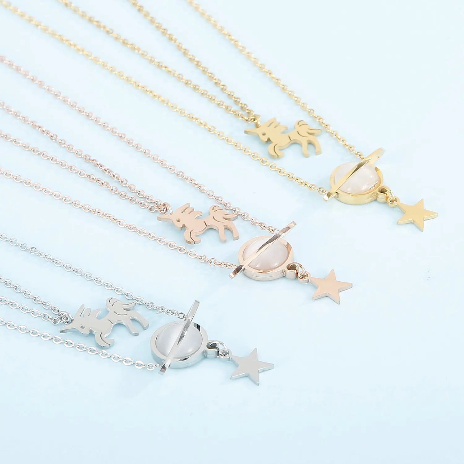 Unicorn and Star Shape Double - Layered Pendant Necklace - Celeste