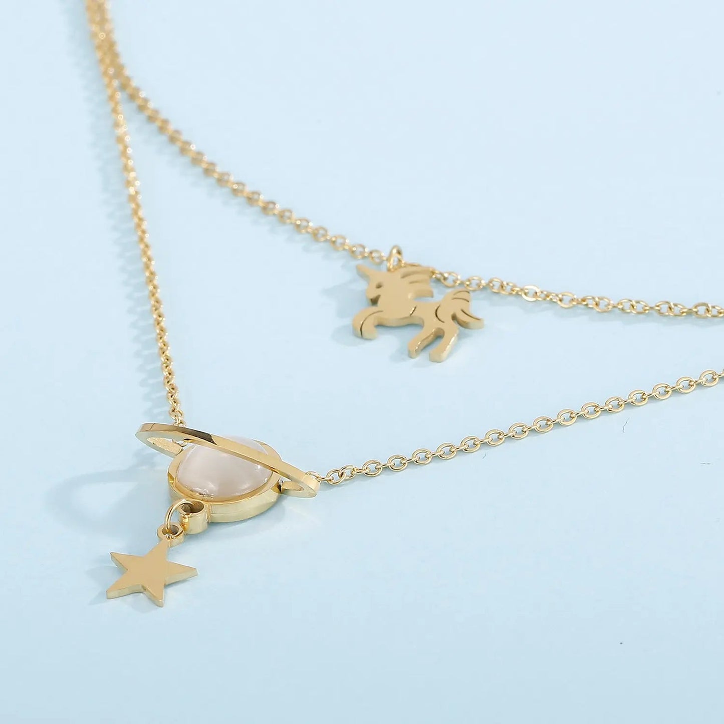 Unicorn and Star Shape Double - Layered Pendant Necklace - Celeste