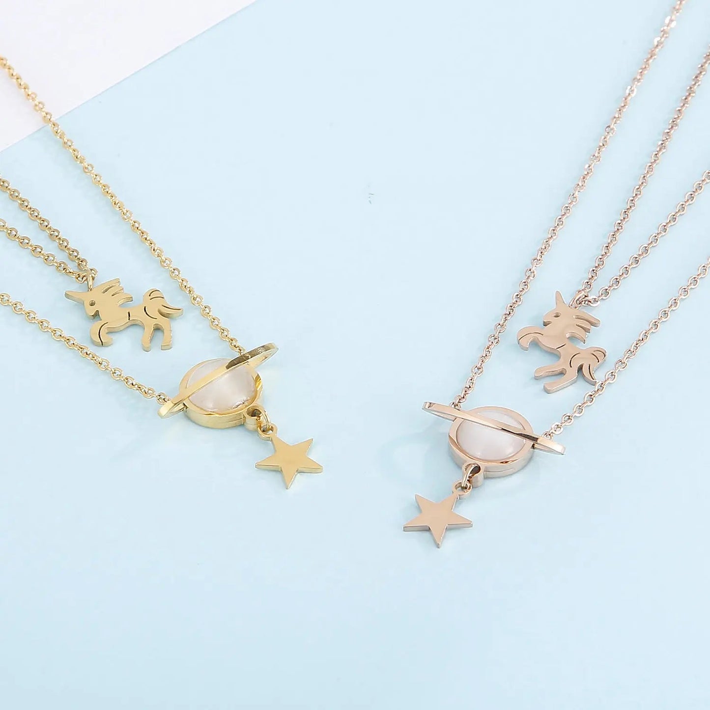 Unicorn and Star Shape Double - Layered Pendant Necklace - Celeste