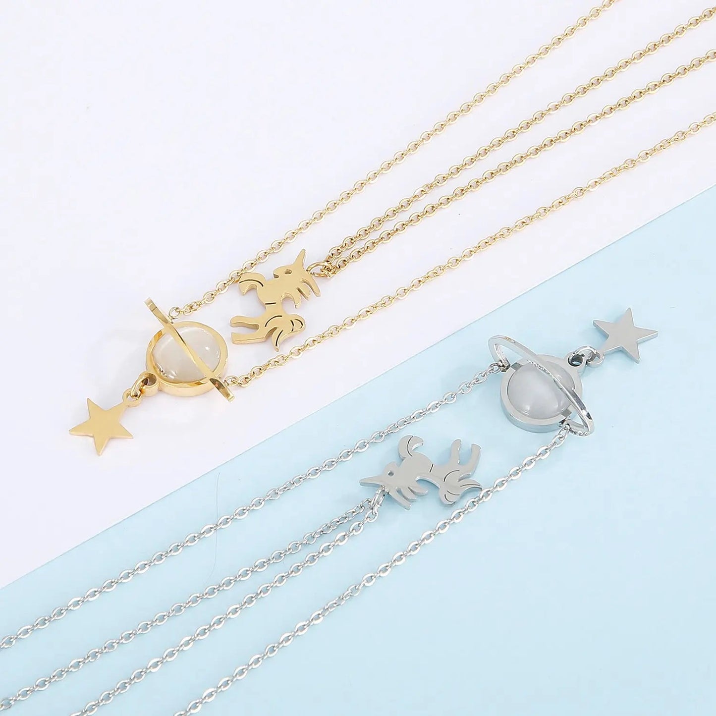 Unicorn and Star Shape Double - Layered Pendant Necklace - Celeste