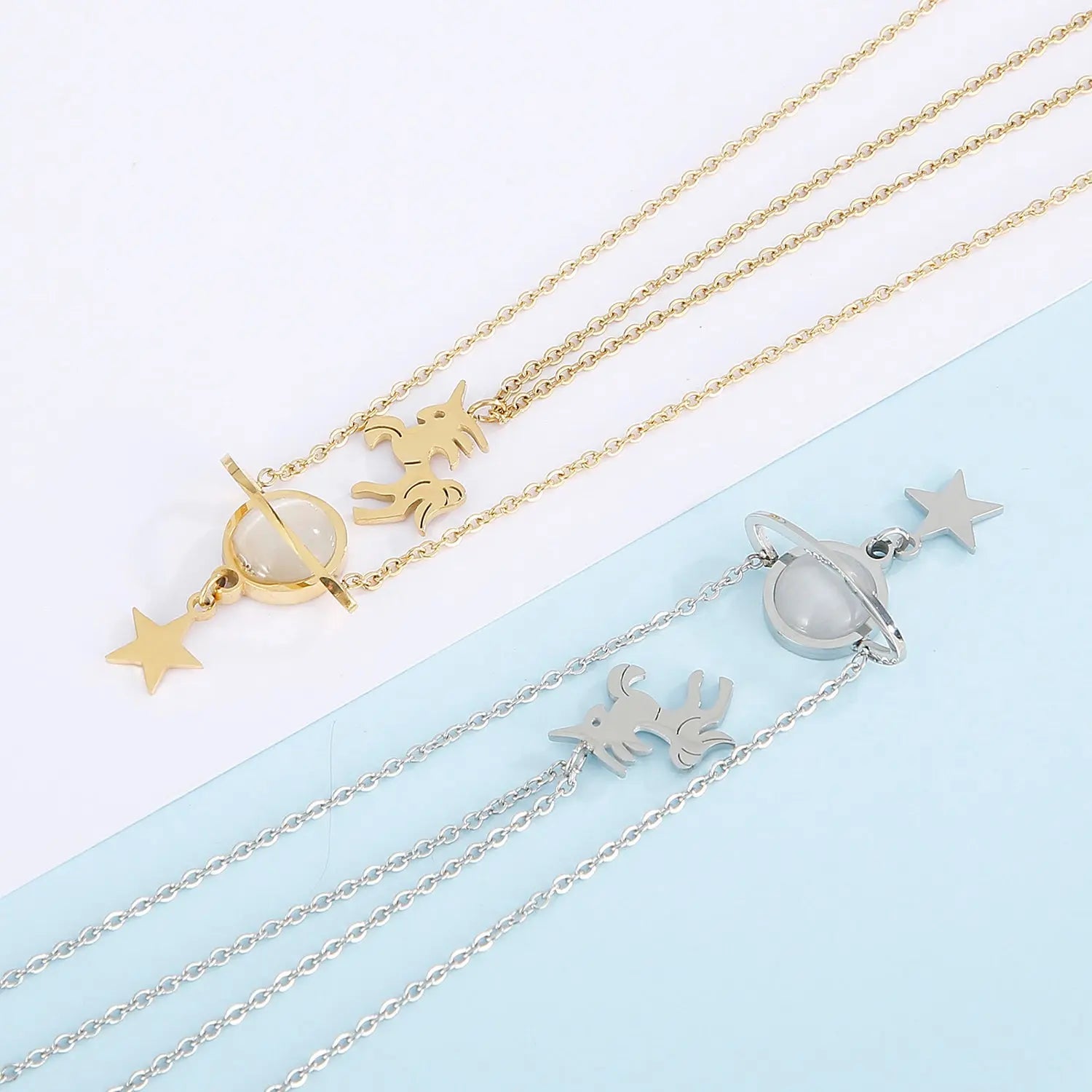 Unicorn and Star Shape Double - Layered Pendant Necklace - Celeste