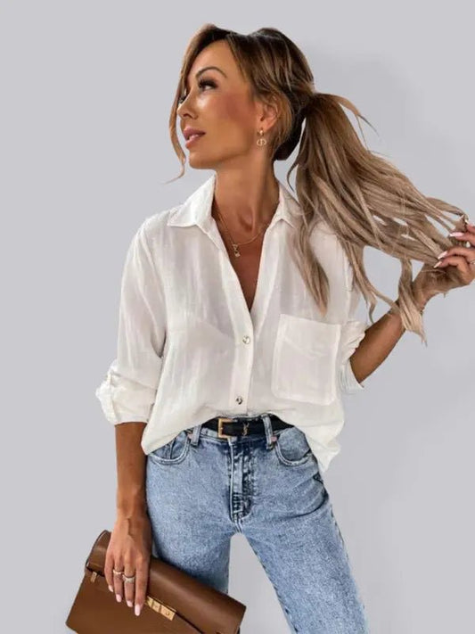 V - Neck Button Down Blouse - Celeste