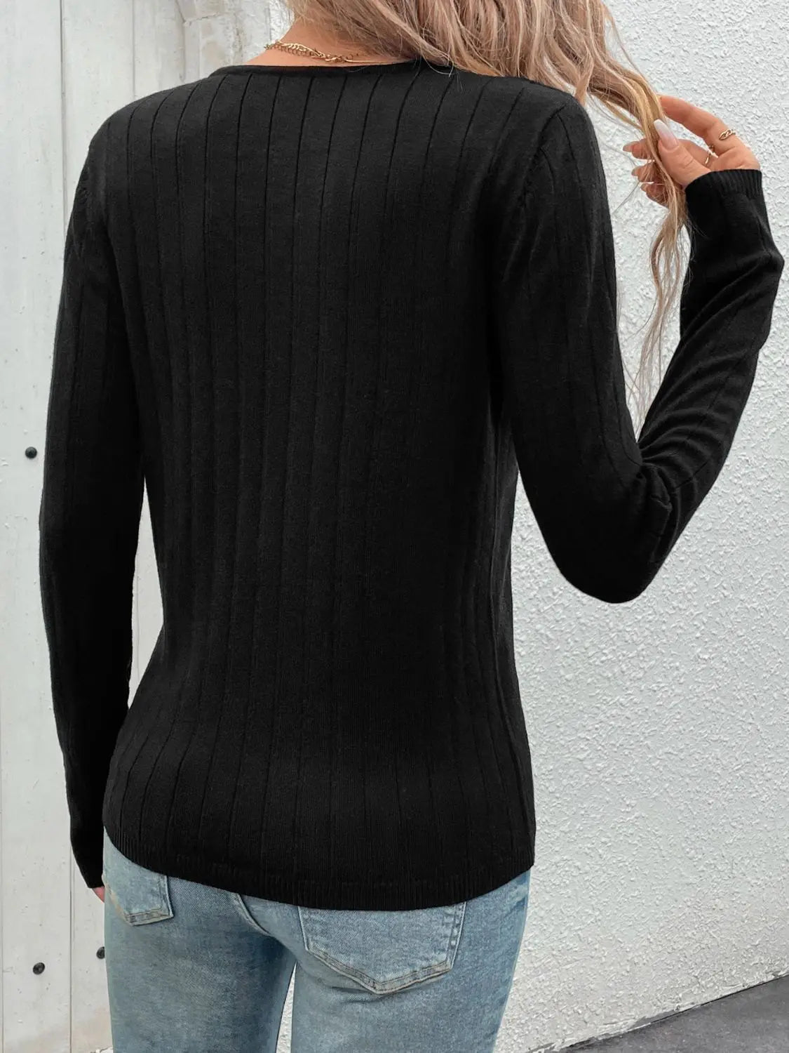 V - Neck Long Sleeve Knit Top - Celeste