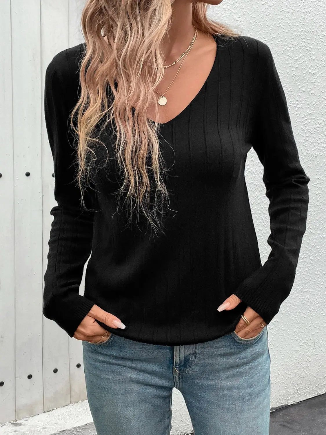 V - Neck Long Sleeve Knit Top - Celeste