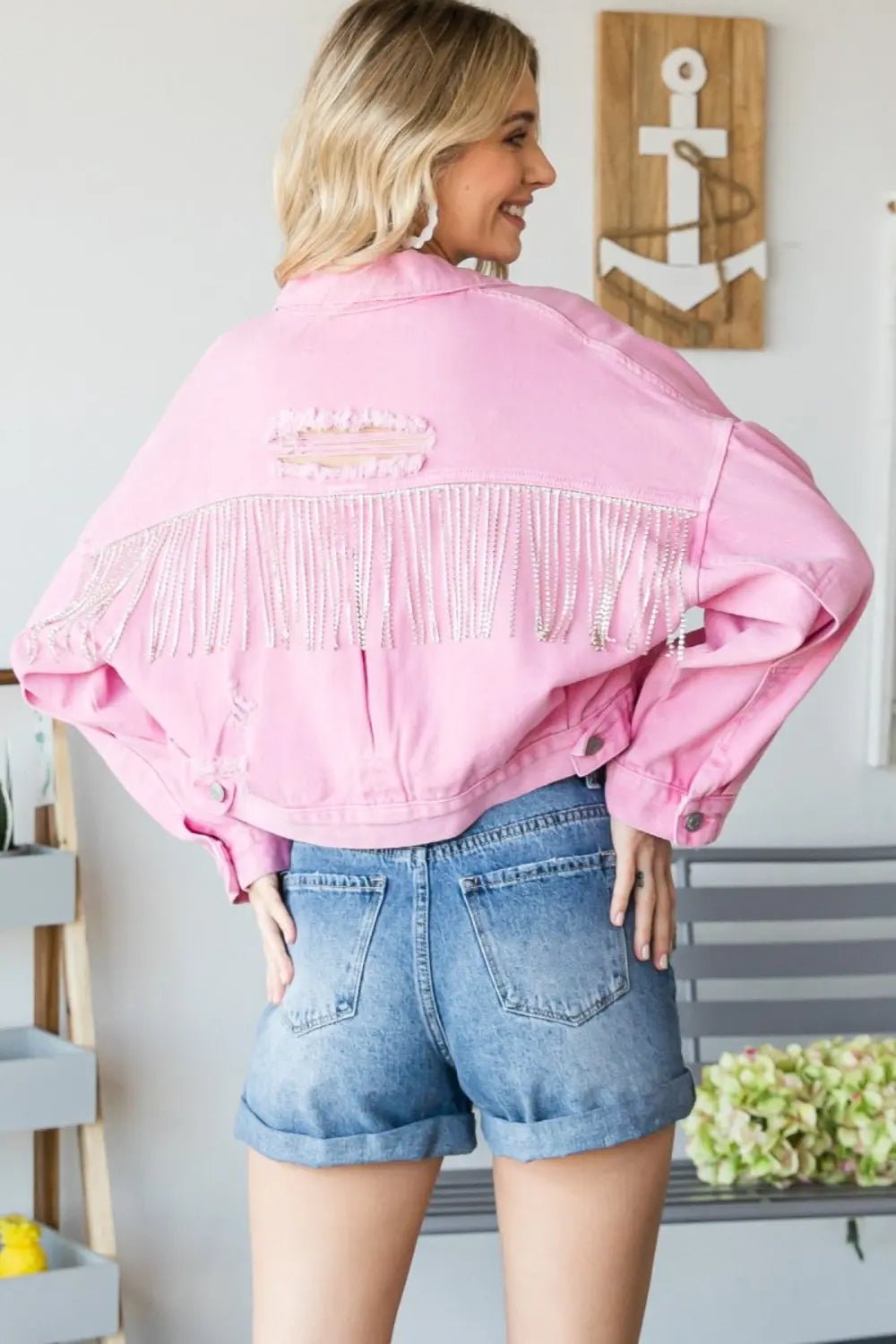 Veveret Fringe Distressed Button Up Denim Jacket - Celeste