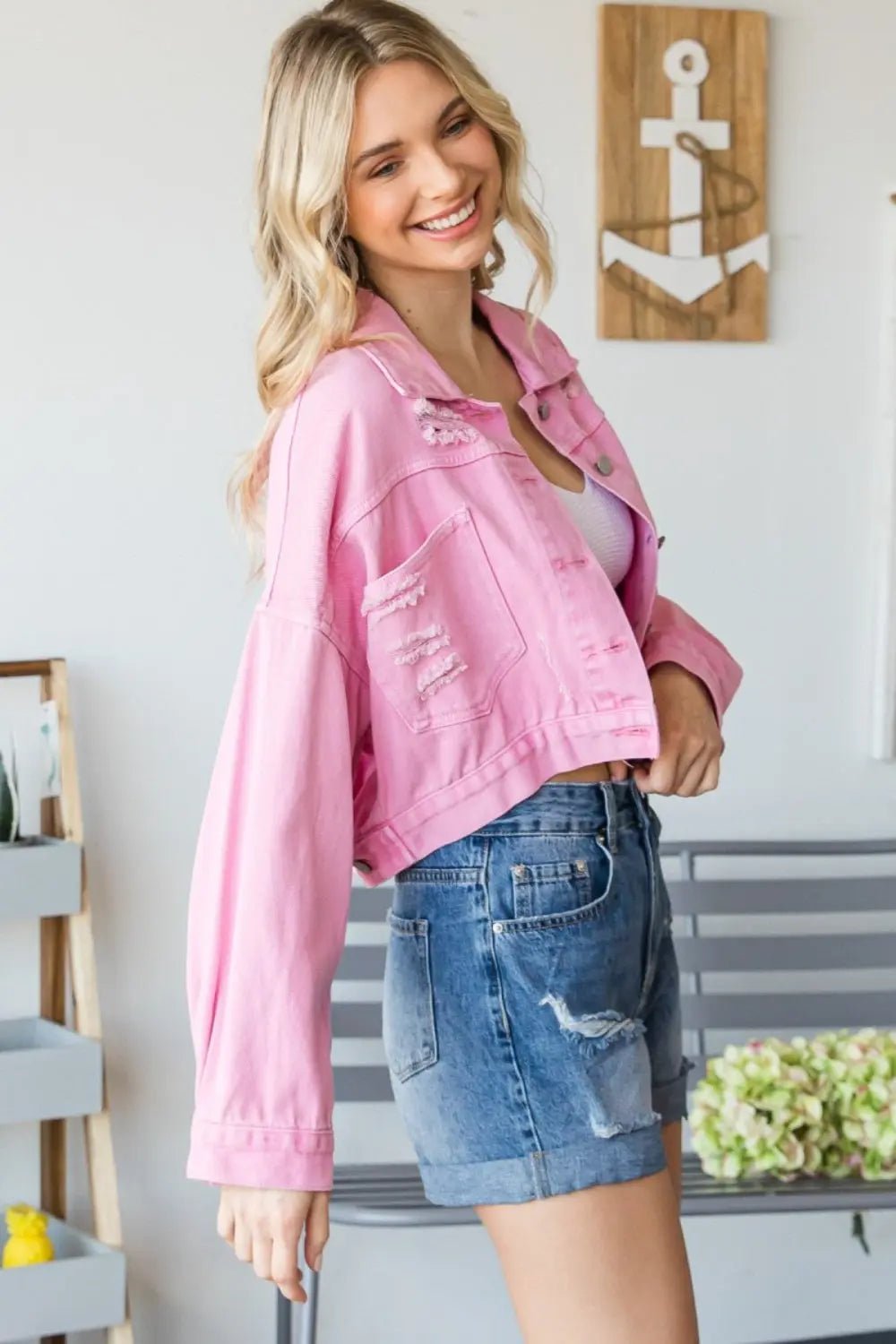 Veveret Fringe Distressed Button Up Denim Jacket - Celeste