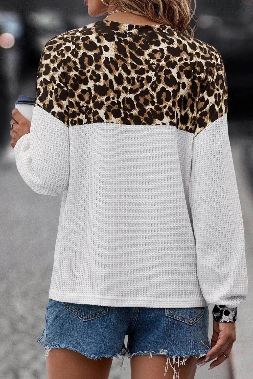 Waffle - Knit Leopard V - Neck Long Sleeve Blouse - Celeste