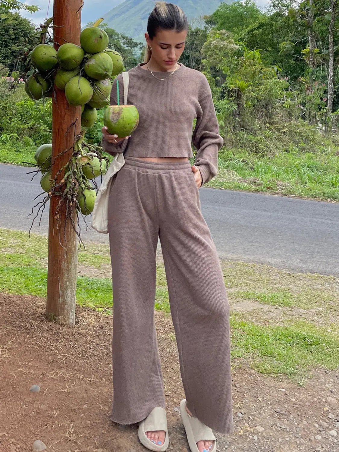 Waffle - Knit Round Neck Top and Pants Set - Celeste