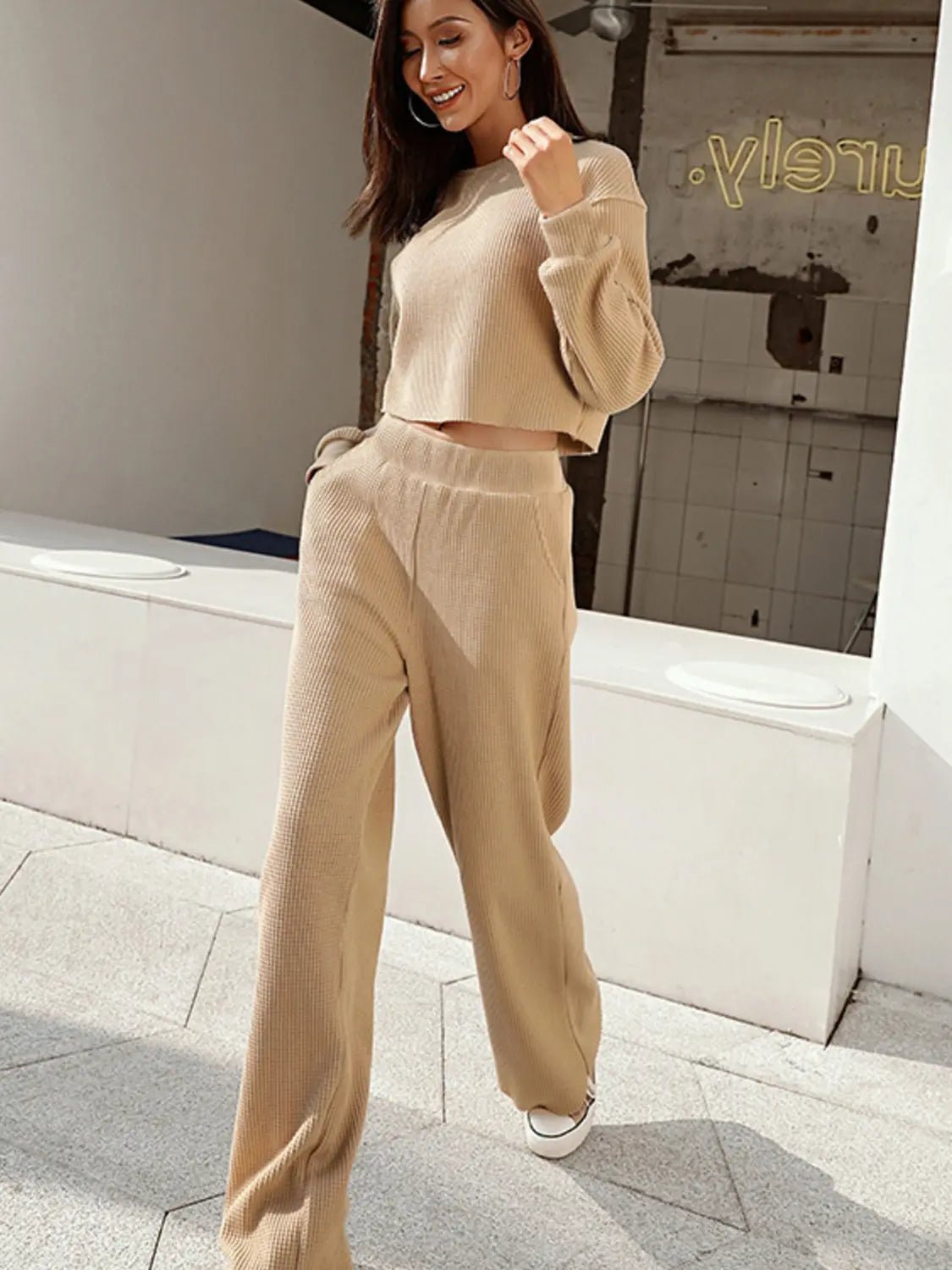 Waffle - Knit Round Neck Top and Pants Set - Celeste