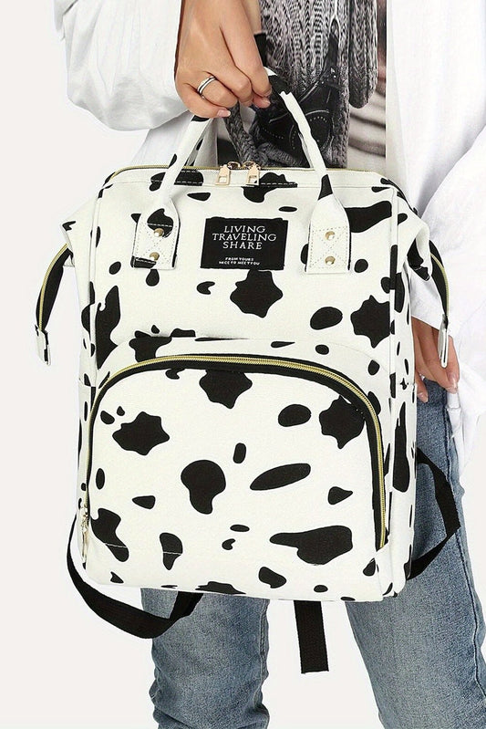 White Cow Spot Print Multi Pocket Canvas Backpack - Celeste  Shoes & Bags/Backpacks  