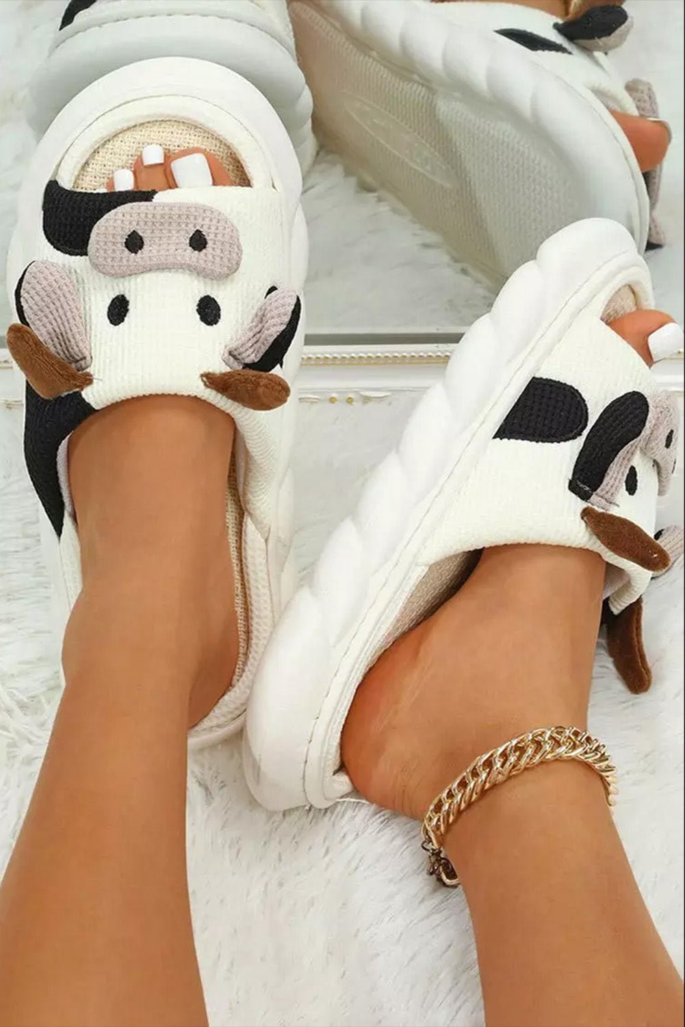 White Cute Cow Pattern Open Toe Slippers - Celeste