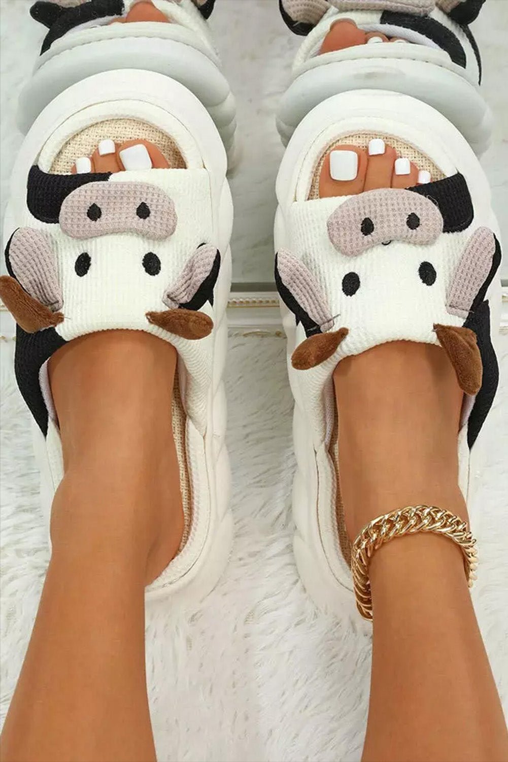 White Cute Cow Pattern Open Toe Slippers - Celeste