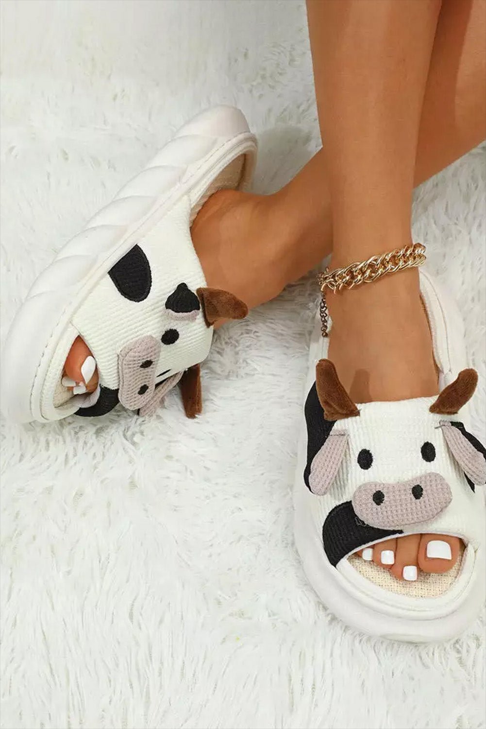 White Cute Cow Pattern Open Toe Slippers - Celeste