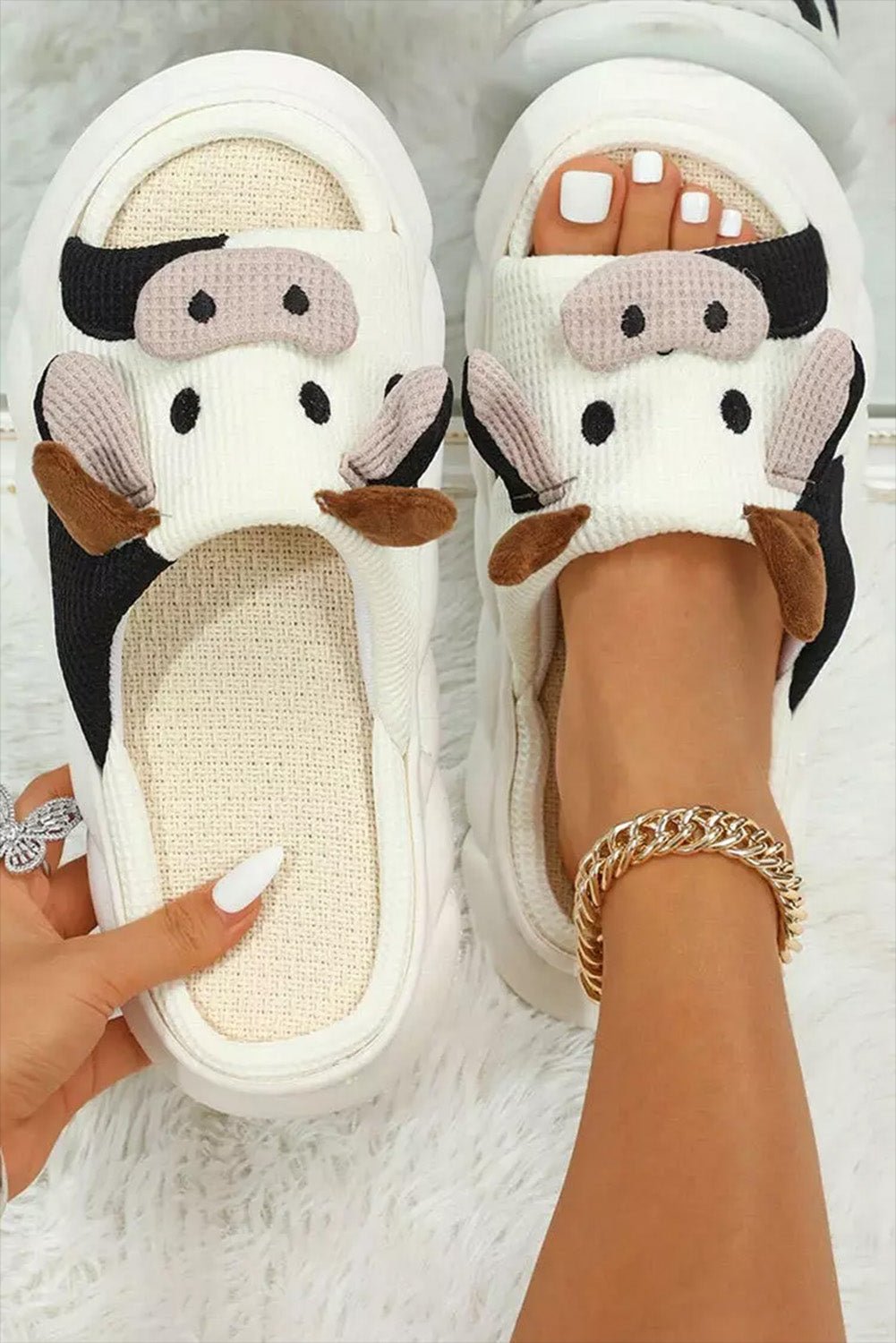 White Cute Cow Pattern Open Toe Slippers - Celeste