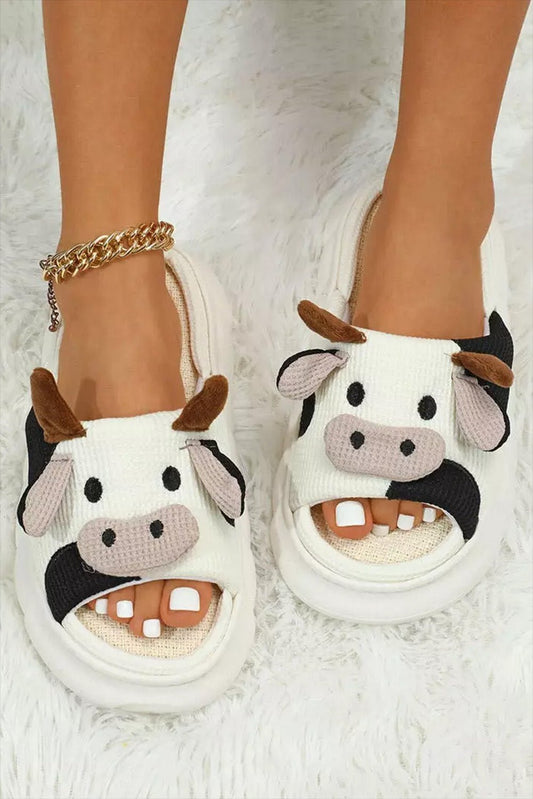 White Cute Cow Pattern Open Toe Slippers - Celeste