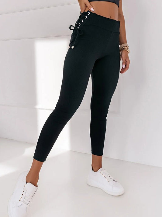 Wide Waistband Lace - Up Leggings - Celeste