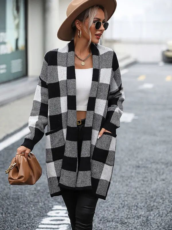 Women's Coat Loose Plaid Color Block Knit Cardigan Fashion Sweater - Celeste