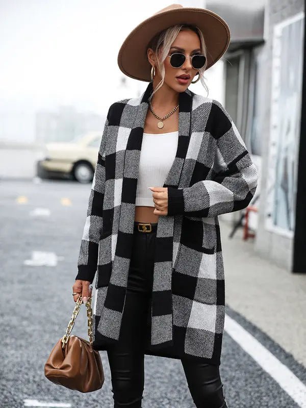 Women's Coat Loose Plaid Color Block Knit Cardigan Fashion Sweater - Celeste