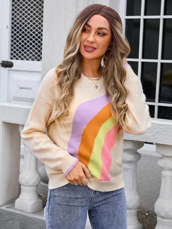 Women's Rainbow Striped Crew Neck Knitted Fashion Sweater - Celeste