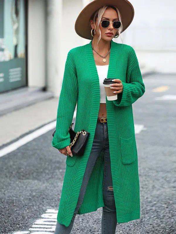 women's solid color knitted sweater pocket coat sweater - Celeste