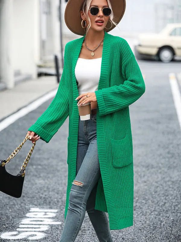 women's solid color knitted sweater pocket coat sweater - Celeste