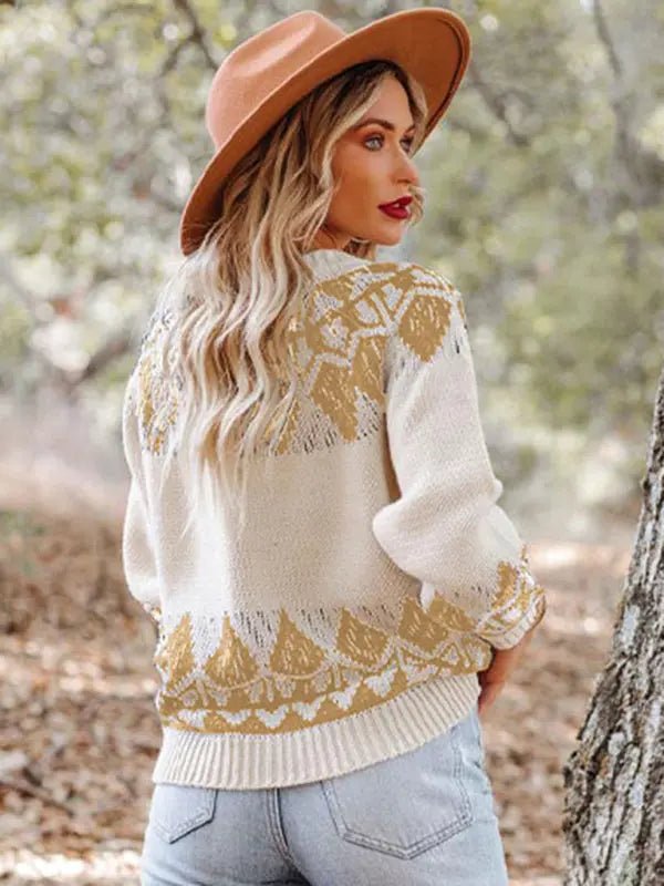 Women's Vintage Jacquard Sweater Women's Round Neck Long Sleeve Pullover Sweater - Celeste    