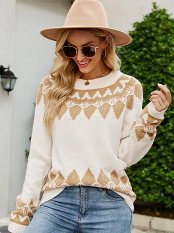 Women's Vintage Jacquard Sweater Women's Round Neck Long Sleeve Pullover Sweater - Celeste    