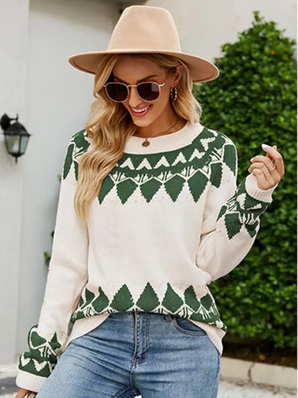 Women's Vintage Jacquard Sweater Women's Round Neck Long Sleeve Pullover Sweater - Celeste    