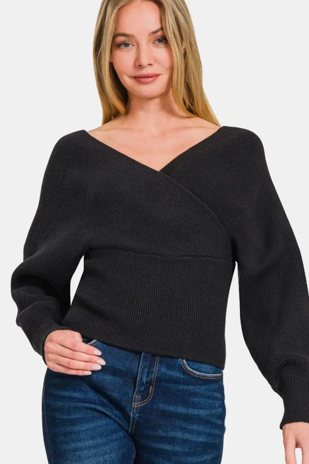 Zenana Cross Wrap Rib Long Sleeve Sweater - Celeste