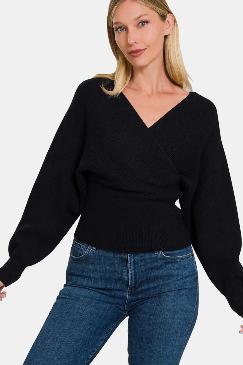 Zenana Cross Wrap Rib Long Sleeve Sweater - Celeste