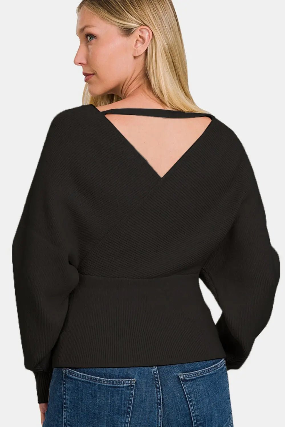 Zenana Cross Wrap Rib Long Sleeve Sweater - Celeste